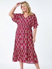 Roman Purple Geo Shimmer Stripe Shirred Midi Dress - Image 2 of 5