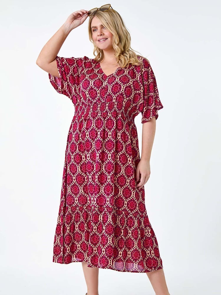 Roman Purple Geo Shimmer Stripe Shirred Midi Dress - Image 2 of 5