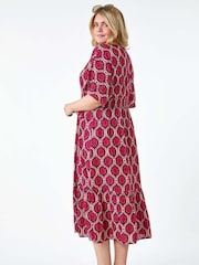 Roman Purple Geo Shimmer Stripe Shirred Midi Dress - Image 3 of 5