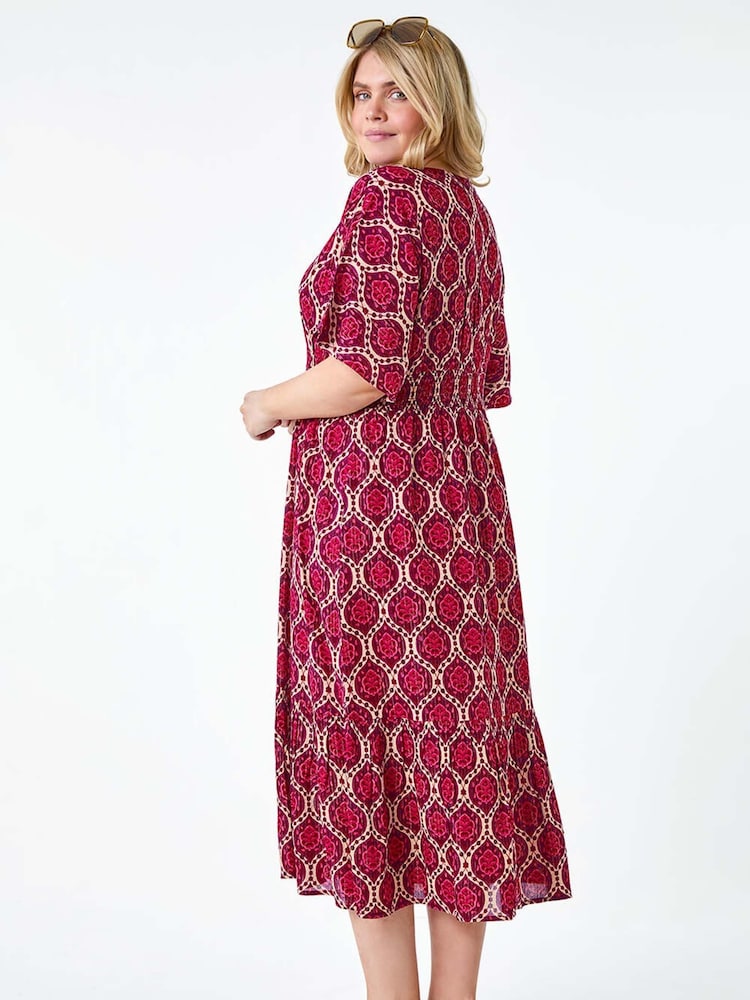 Roman Purple Geo Shimmer Stripe Shirred Midi Dress - Image 3 of 5