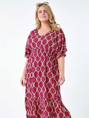 Roman Purple Geo Shimmer Stripe Shirred Midi Dress - Image 4 of 5