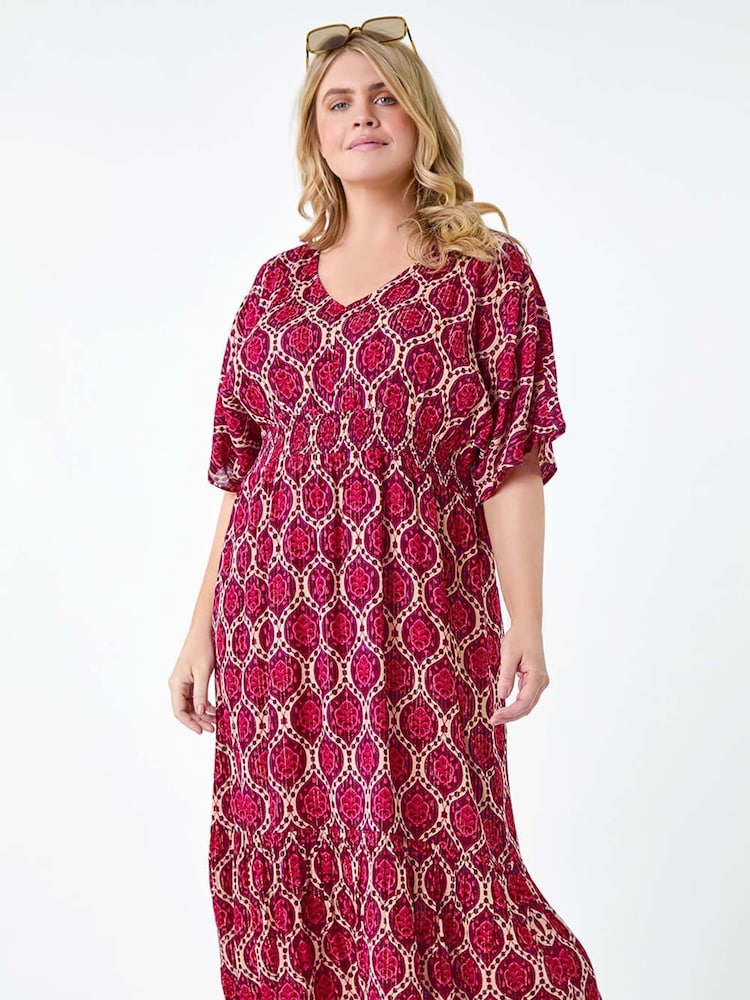 Roman Purple Geo Shimmer Stripe Shirred Midi Dress - Image 4 of 5