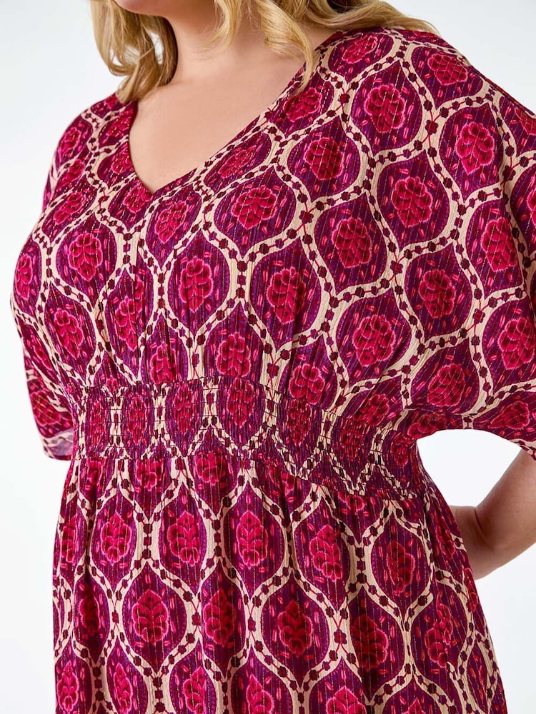 Roman Purple Geo Shimmer Stripe Shirred Midi Dress - Image 5 of 5