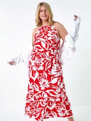 Roman Red Floral Tie Detail Halterneck Dress - Image 1 of 5