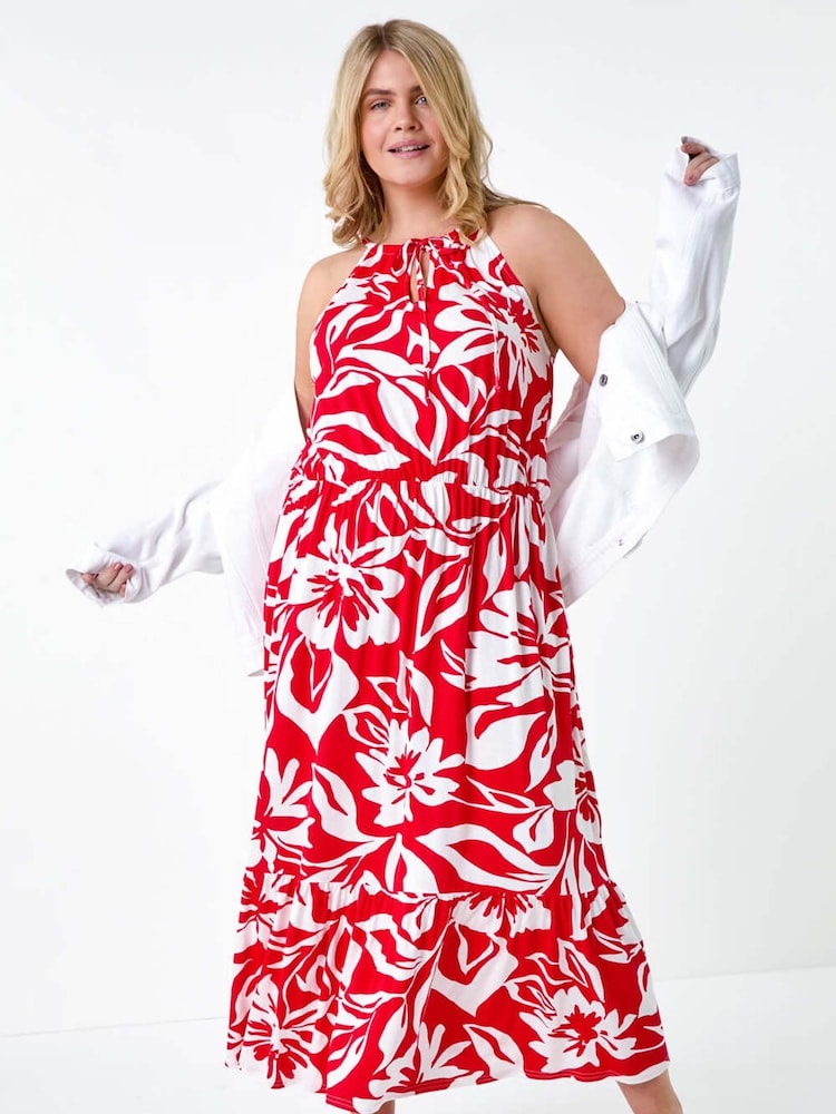 Roman Red Floral Tie Detail Halterneck Dress - Image 1 of 5
