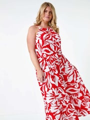 Roman Red Floral Tie Detail Halterneck Dress - Image 2 of 5