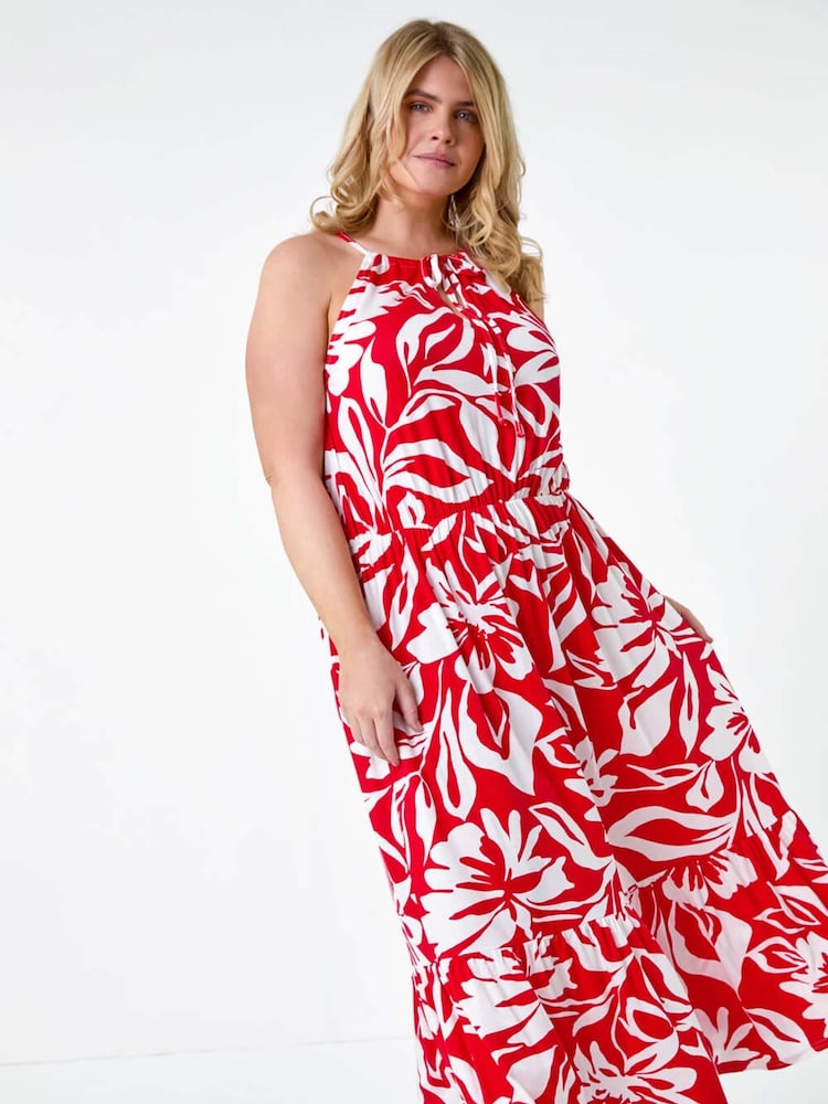 Roman Red Floral Tie Detail Halterneck Dress - Image 2 of 5