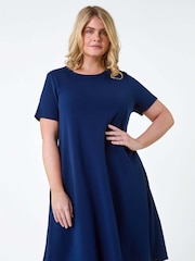 Roman Blue Plain Pocket Stretch Swing Dress - Image 3 of 5