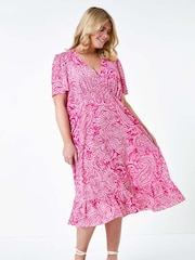 Roman Pink Paisley Tiered Frill Midi Dress - Image 1 of 5