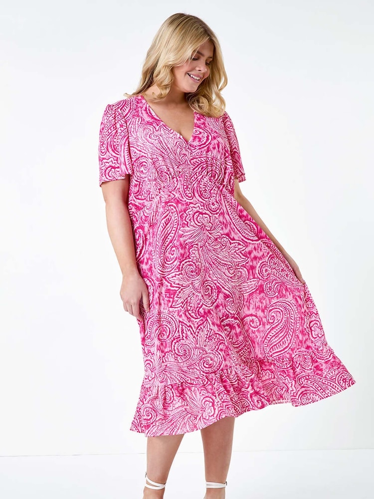 Roman Pink Paisley Tiered Frill Midi Dress - Image 1 of 5
