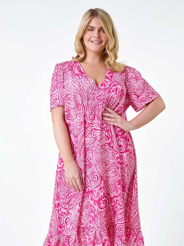 Roman Pink Paisley Tiered Frill Midi Dress - Image 2 of 5
