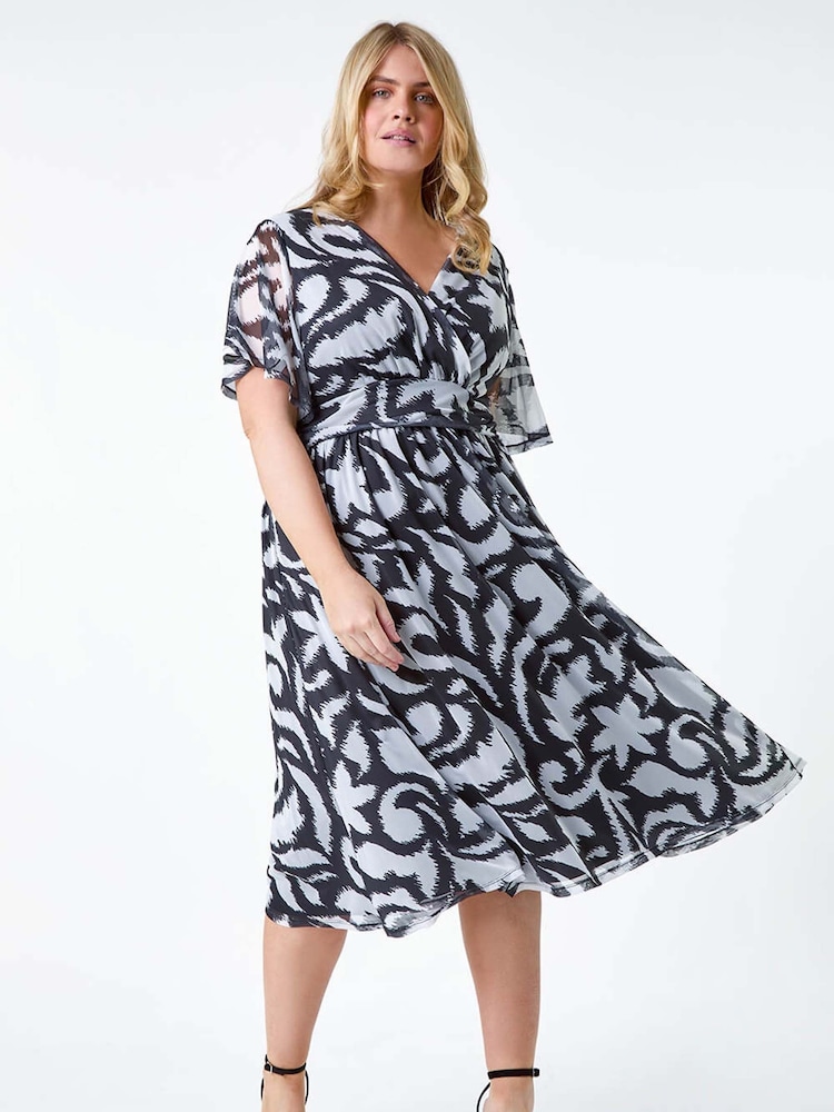 Roman Black Abstract Stretch Mesh Wrap Dress - Image 2 of 5 Roman Black Abstract Stretch Mesh Wrap Dress - Image 2 of 5