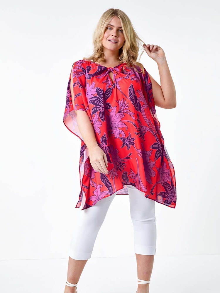 Roman Orange Floral Twist Detail Keyhole Top - Image 1 of 5