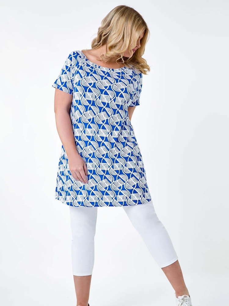 Roman Blue Geometric Print Stretch Top - Image 1 of 5
