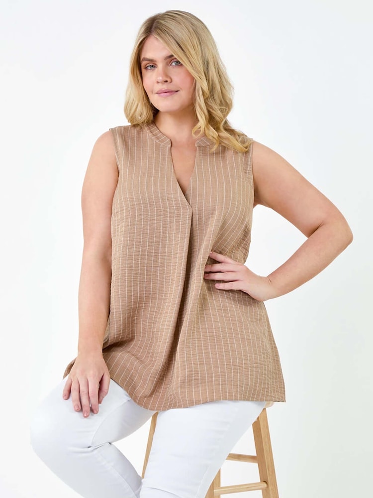 Roman Natural Stripe Print Linen Look Vest Top - Image 1 of 5