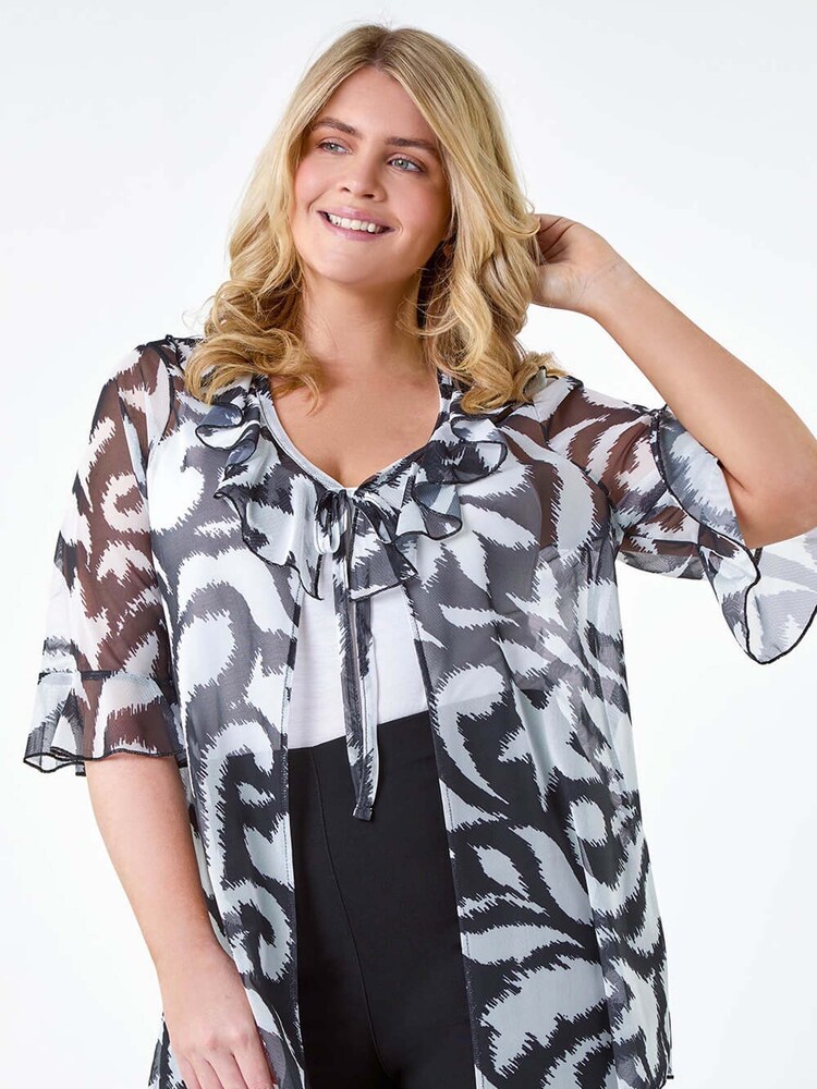 Roman Black Tie Front Printed Mesh Top - Image 1 of 5