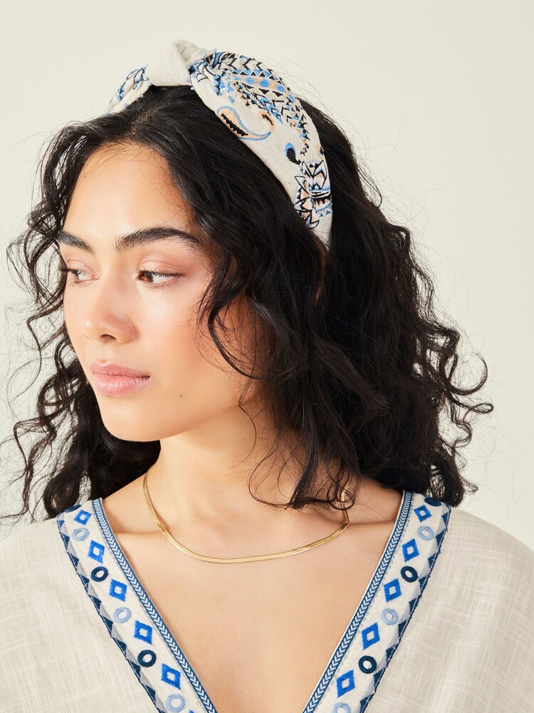 Accessorize Blue Embroidered Knot 100% Cotton Headband - Image 3 of 3