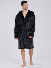 Loungeable Black Check Fleece Hooded Robe - Image 1 of 5