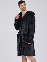 Loungeable Black Check Fleece Hooded Robe - Image 3 of 5
