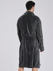Loungeable Grey Waffle Cut Fleece Shawl Collar Dressing Gown - Image 2 of 6