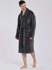 Loungeable Grey Waffle Cut Fleece Shawl Collar Dressing Gown - Image 3 of 6