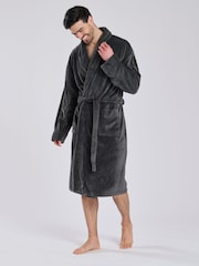 Loungeable Grey Waffle Cut Fleece Shawl Collar Dressing Gown - Image 4 of 6