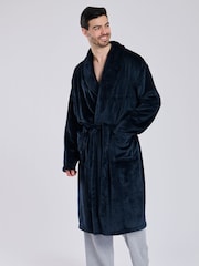 Loungeable Blue Waffle Cut Fleece Shawl Collar Dressing Gown - Image 1 of 4