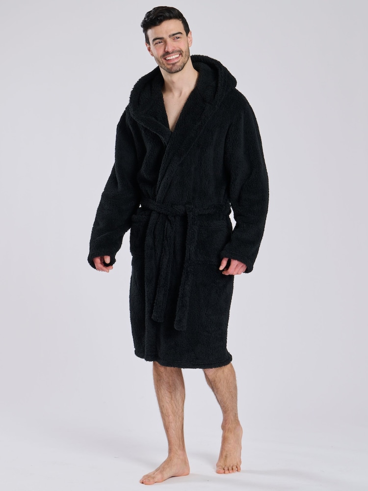 Loungeable Black Sherpa Hooded Dressing Gown - Image 1 of 6