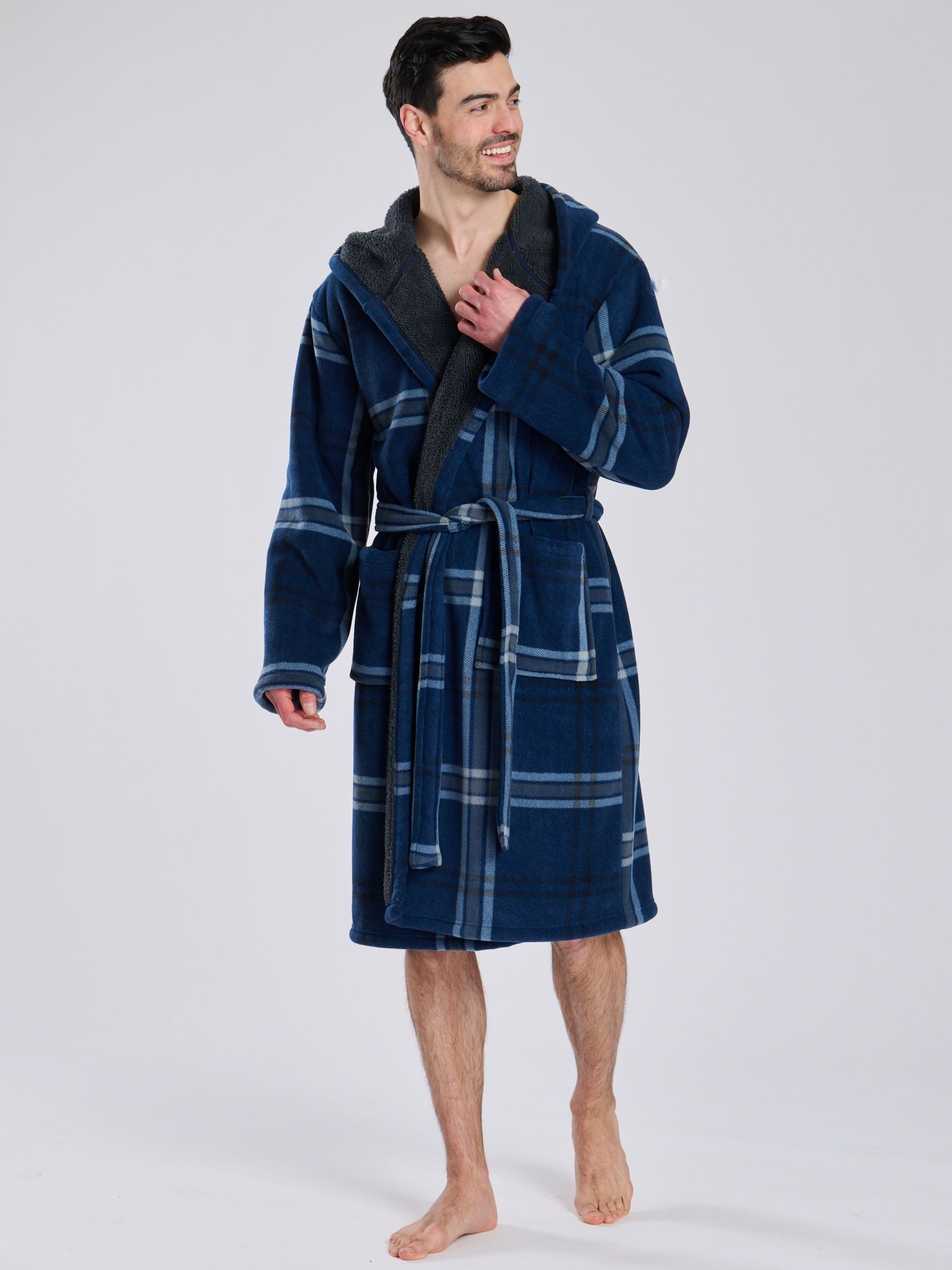 Buy Loungeable Blue Check Bonded Fleece Lined Hooded Dressing Gown from Next Ireland