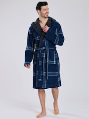 Loungeable Blue Check Bonded Fleece Lined Hooded Dressing Gown - Image 1 of 7