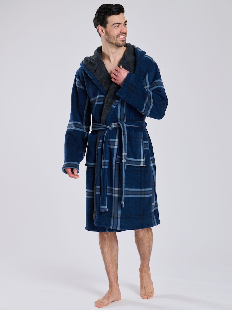 Loungeable Blue Check Bonded Fleece Lined Hooded Dressing Gown - Image 1 of 7