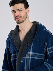 Loungeable Blue Check Bonded Fleece Lined Hooded Dressing Gown - Image 4 of 7