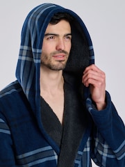 Loungeable Blue Check Bonded Fleece Lined Hooded Dressing Gown - Image 5 of 7