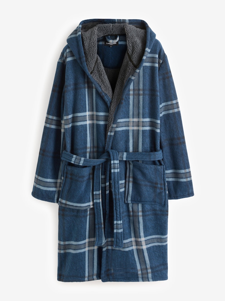 Loungeable Blue Check Bonded Fleece Lined Hooded Dressing Gown - Image 7 of 7