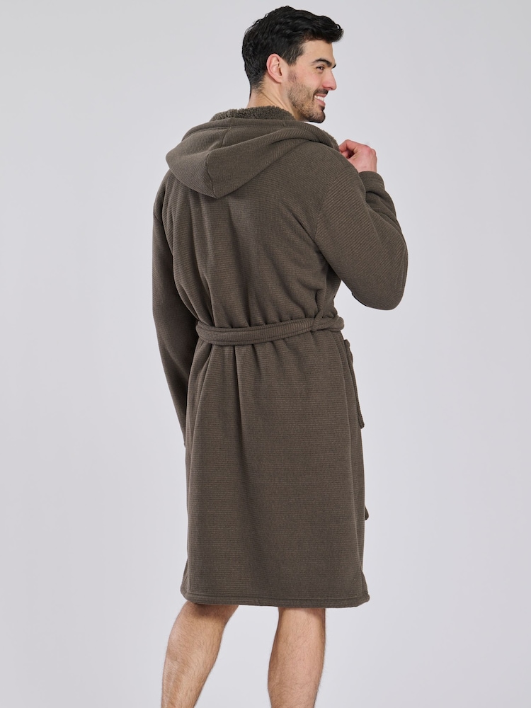 Loungeable Brown Waffle Bonded Fleece Lined Brown Hooded Dressing Gown - Image 2 of 5