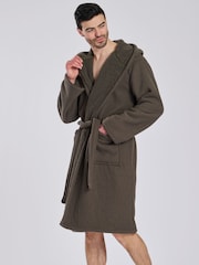 Loungeable Brown Waffle Bonded Fleece Lined Brown Hooded Dressing Gown - Image 3 of 5