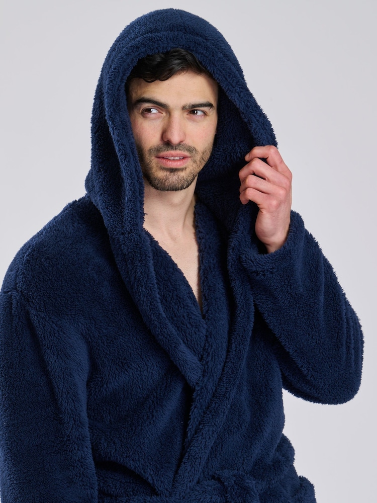blue dressing gown with hood Threadbare Men's Navy Borg Hooded Dressing Gown main image 0