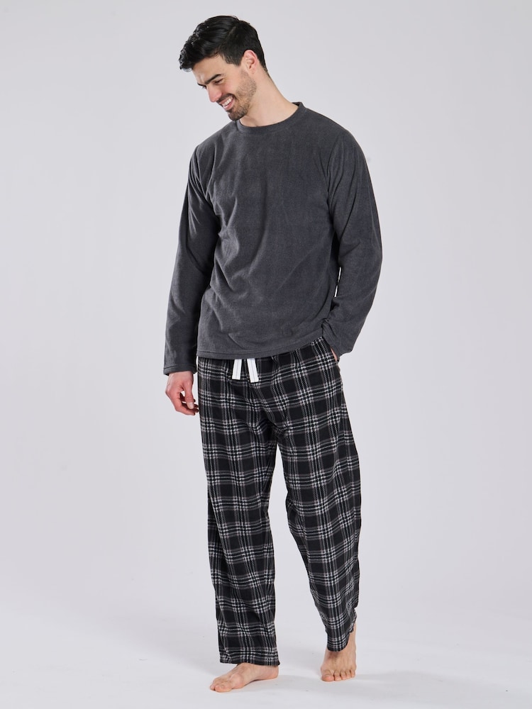 Loungeable Grey Fleece Check Trousers Pyjama Set - Image 1 of 6