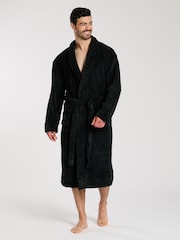 Loungeable Black Waffle Cut Fleece Shawl Collar Dressing Gown - Image 1 of 4