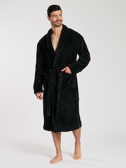 Loungeable Black Waffle Cut Fleece Shawl Collar Dressing Gown - Image 3 of 4