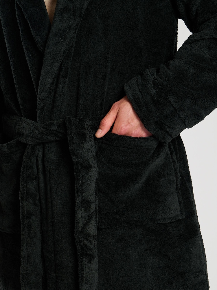 Loungeable Black Waffle Cut Fleece Shawl Collar Dressing Gown - Image 4 of 4