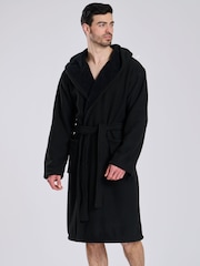 Loungeable Black Waffle Bonded Fleece Lined Hooded Dressing Gown - Image 1 of 4