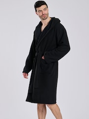 Loungeable Black Waffle Bonded Fleece Lined Hooded Dressing Gown - Image 3 of 4