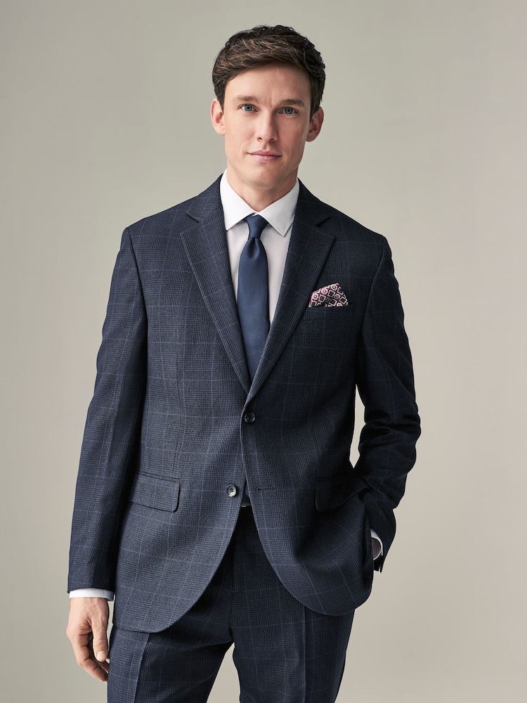 Navy Blue Regular Fit Prince of Wales Check Suit Jacket - Image 1 of 12