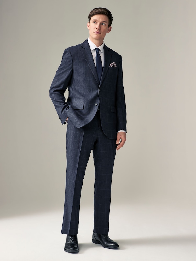 Navy Blue Regular Fit Prince of Wales Check Suit Jacket - Image 3 of 12
