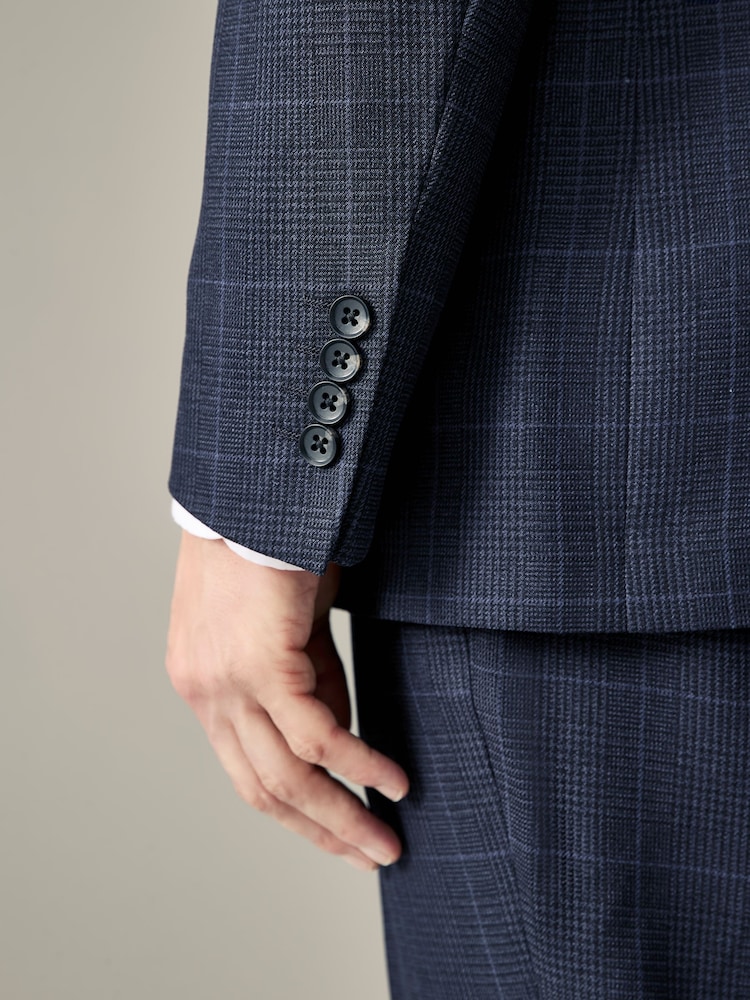 Navy Blue Regular Fit Prince of Wales Check Suit Jacket - Image 6 of 12