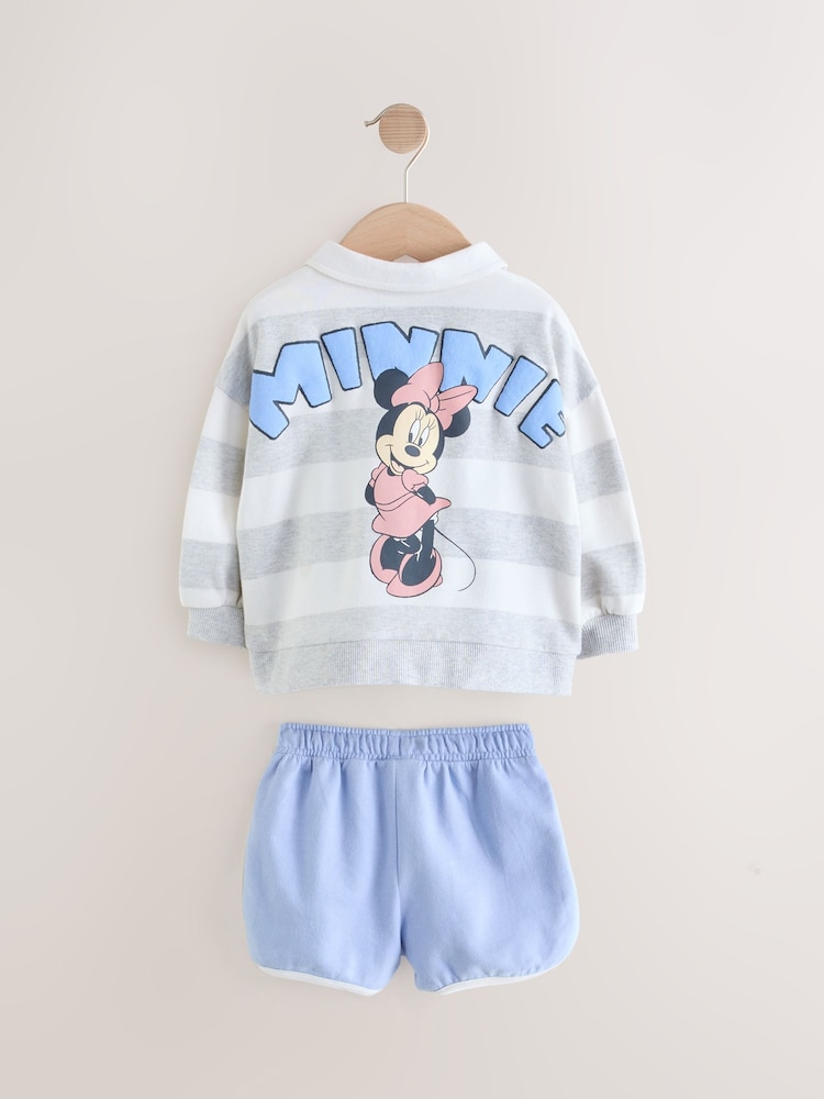 Grey 100% Cotton Minnie Mouse Stripe Rugby Sweatshirt And Shorts Set (3mths-7yrs) - Image 6 of 9