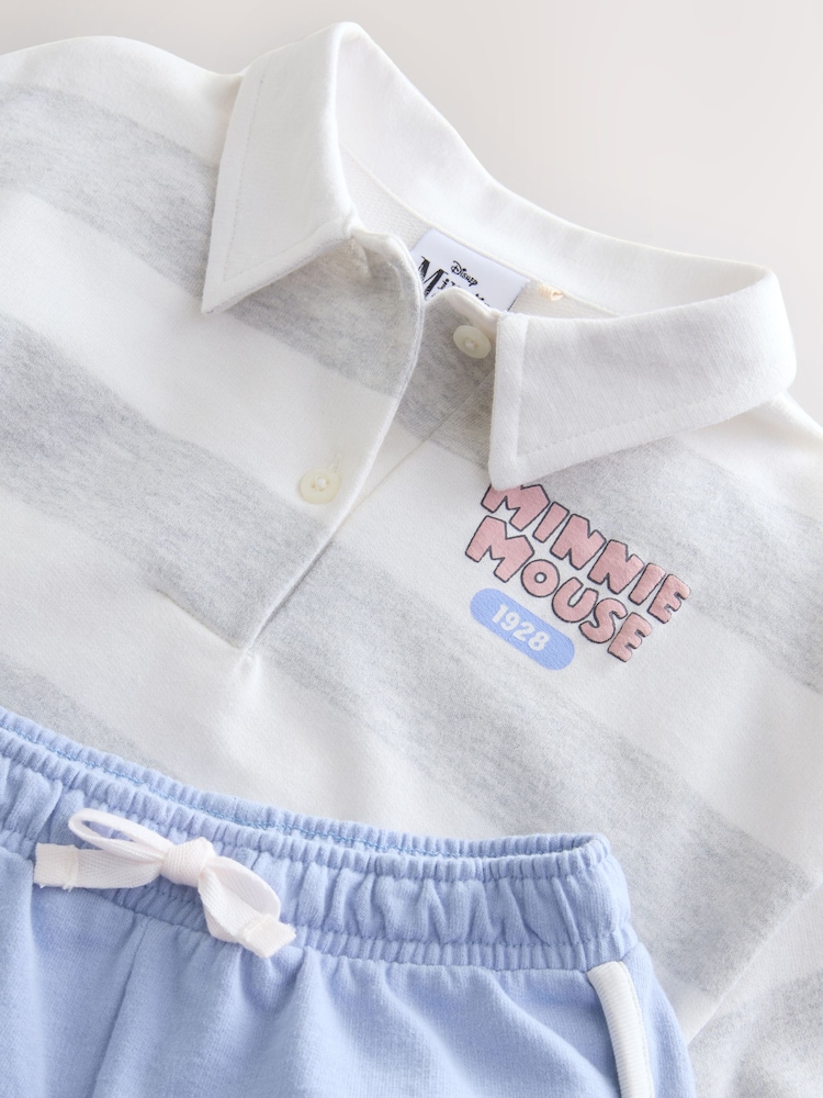 Grey 100% Cotton Minnie Mouse Stripe Rugby Sweatshirt And Shorts Set (3mths-7yrs) - Image 7 of 9
