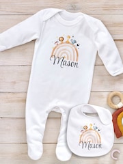 Little Years Personalised 100% Cotton Rainbow & Animal Print White Sleepsuit - Image 1 of 4