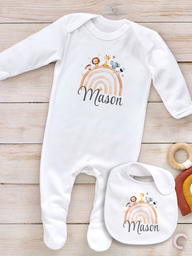 Little Years Personalised 100% Cotton Rainbow & Animal Print White Sleepsuit - Image 1 of 4